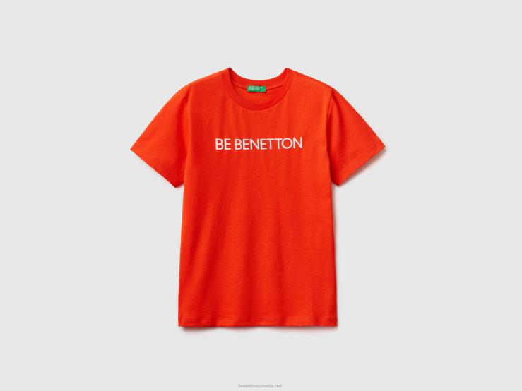 100% Organic Cotton T-Shirt With Logo B4BF1701 Benetton Kids Red Coral