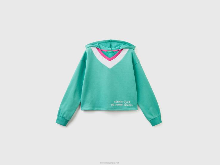 Cropped Hoodie With V-Neck B4BF2532 Benetton Kids Green