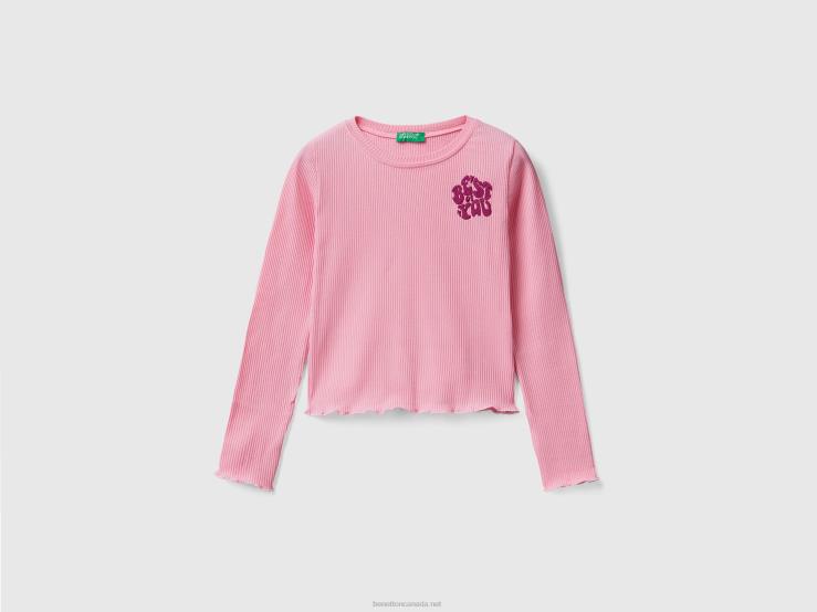 Ribbed T-Shirt With Embroidery B4BF5235 Benetton Kids Pink