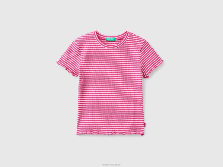 Striped Stretch Cotton T-Shirt B4BF2469 Benetton Kids Fuchsia