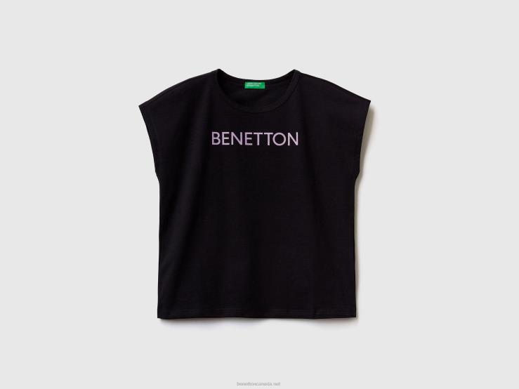 T-Shirt With Glitter Print Logo B4BF2474 Benetton Kids Black