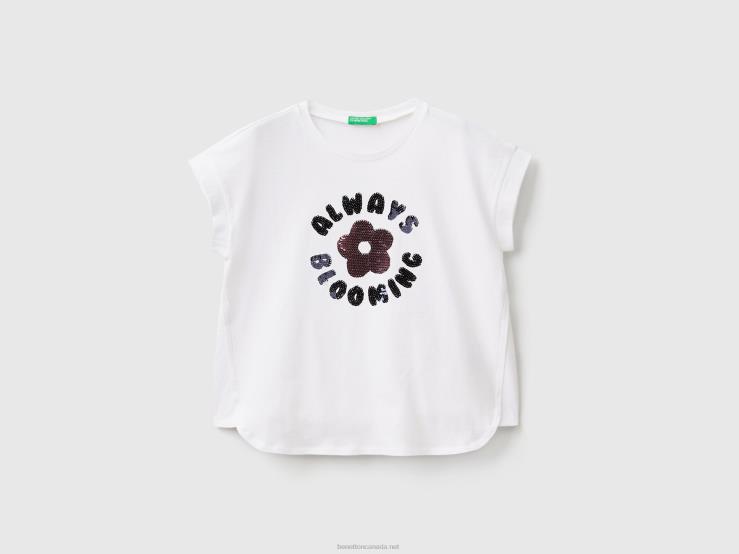 T-Shirt With Reversible Sequins B4BF5232 Benetton Kids White