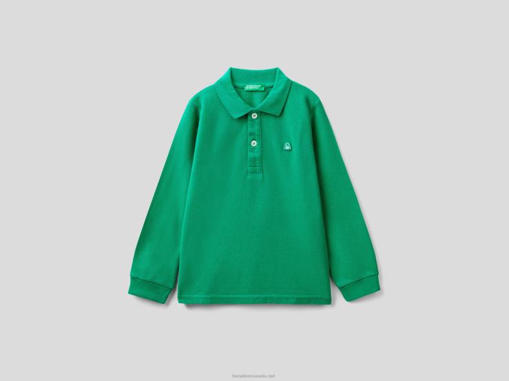 Long Sleeve Polo In Organic Cotton B4BF5156 Benetton Kids Green