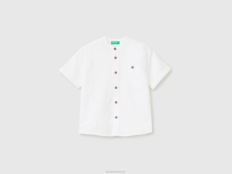 Mandarin Collar Shirt In Linen Blend B4BF2229 Benetton Kids White