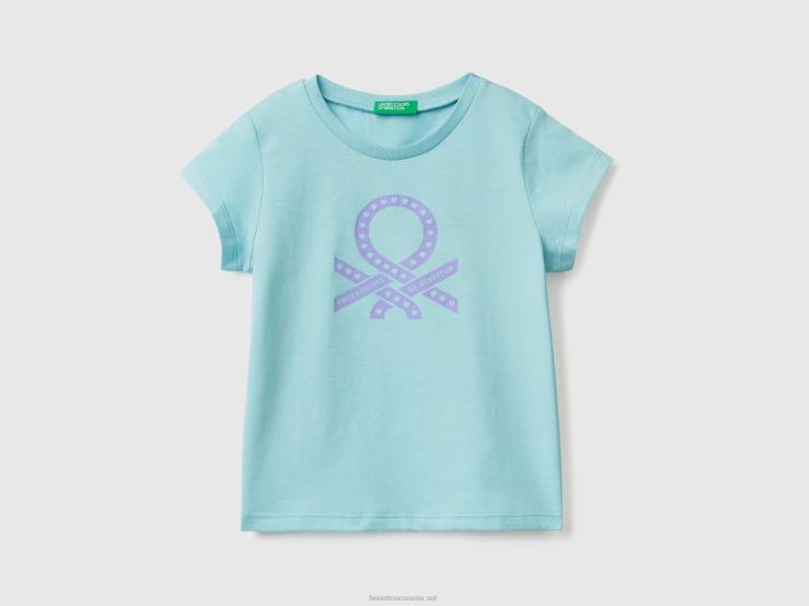 100% Cotton T-Shirt With Logo B4BF2838 Benetton Kids Aqua
