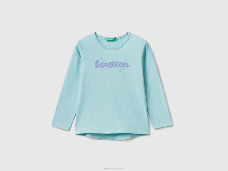 100% Cotton T-Shirt With Logo B4BF5558 Benetton Kids Aqua