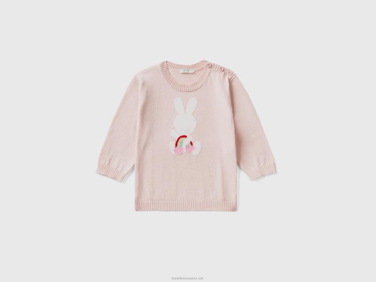 Cotton Sweater With Inlay B4BF6126 Benetton Kids Pink