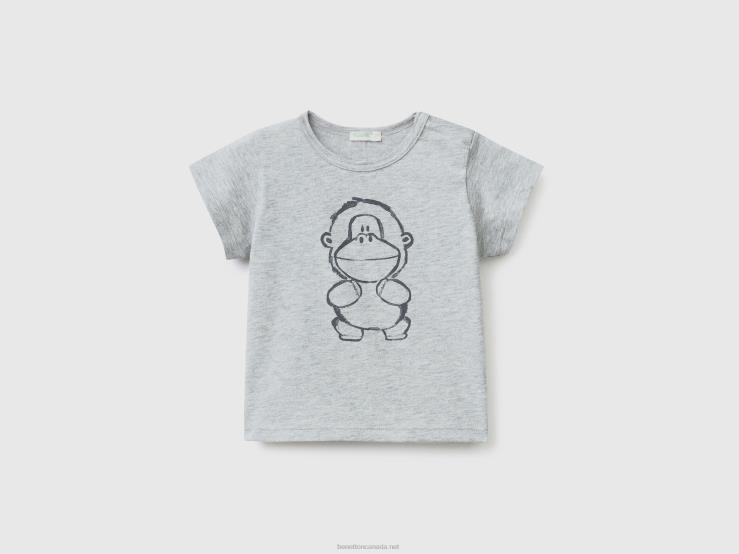 T-Shirt With Print In Organic Cotton B4BF3118 Benetton Kids Light Gray