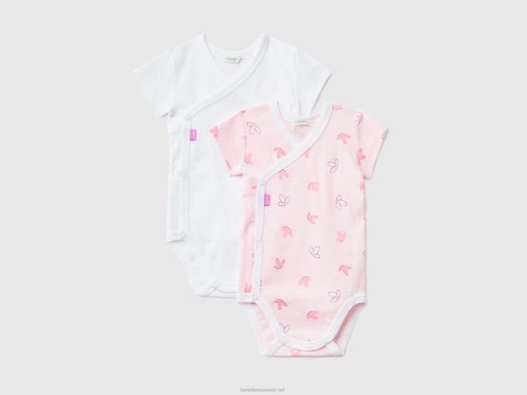 Two Short Sleeve Bodysuits In Organic Cotton B4BF3173 Benetton Kids Soft Pink