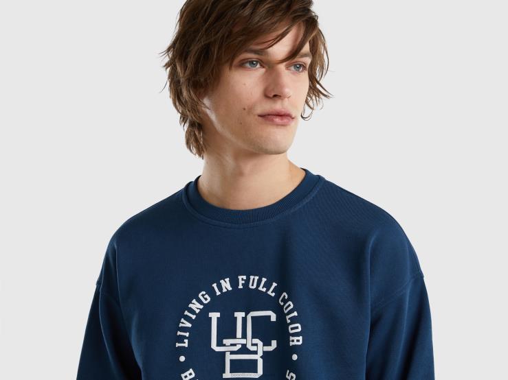 Crew Neck Sweatshirt With Logo Print B4BF4509 Benetton Men Air Force Blue