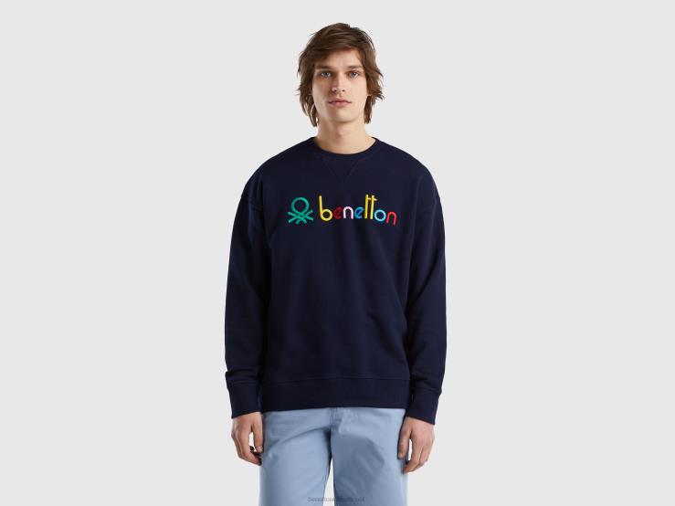 Logoed 100% Cotton Sweatshirt B4BF1309 Benetton Men Dark Blue