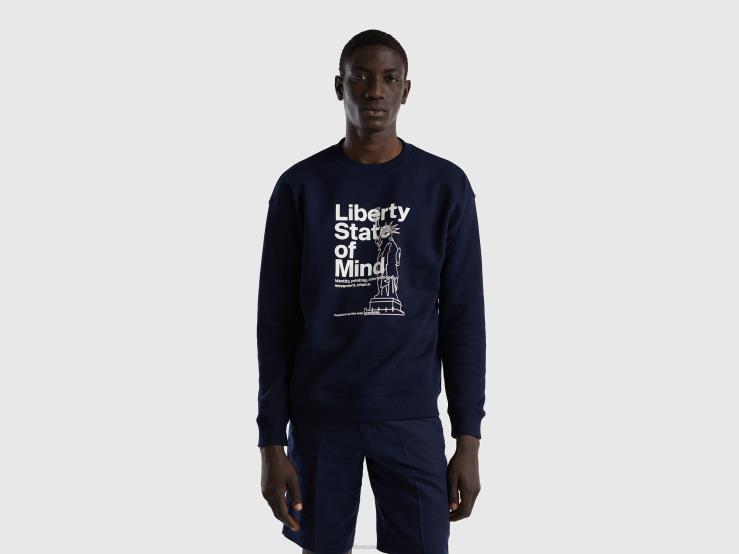 Warm Hoodie With Print B4BF1311 Benetton Men Dark Blue