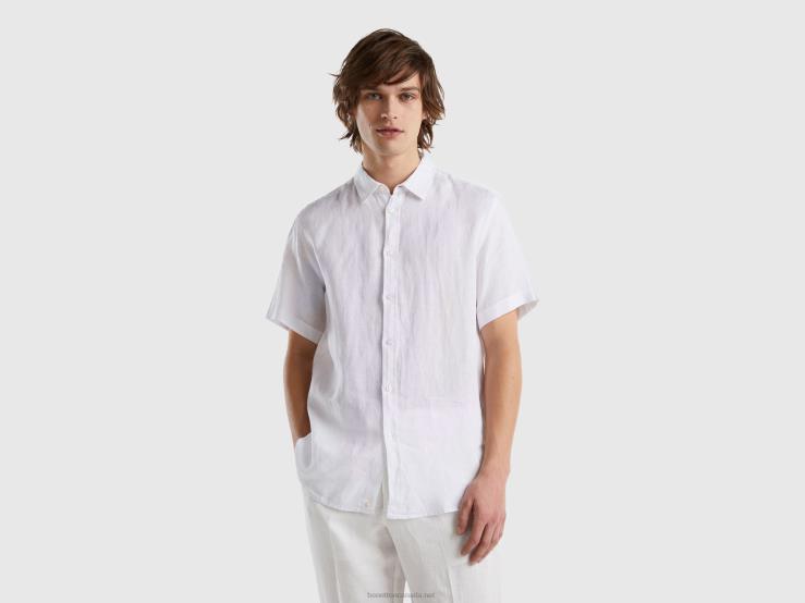 100% Linen Short Sleeve Shirt B4BF1363 Benetton Men White