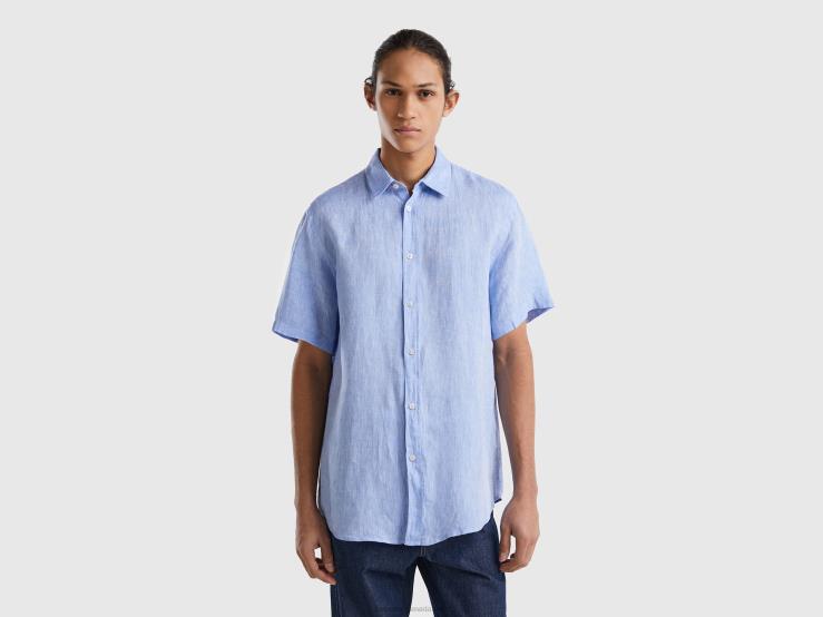 100% Linen Short Sleeve Shirt B4BF1368 Benetton Men Light Blue