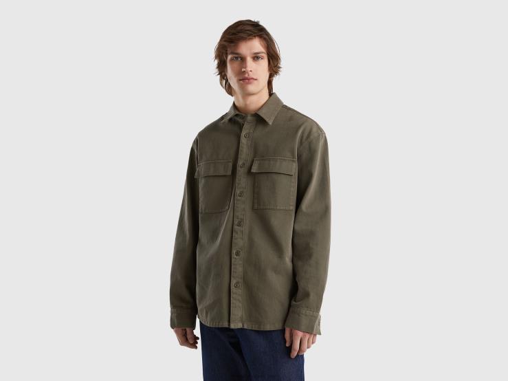 Oversized Shirt With Pockets B4BF4550 Benetton Men Military Green