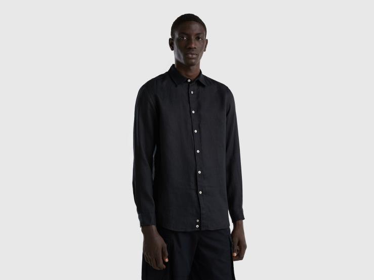 Shirt In Pure Linen B4BF1355 Benetton Men Dark Gray