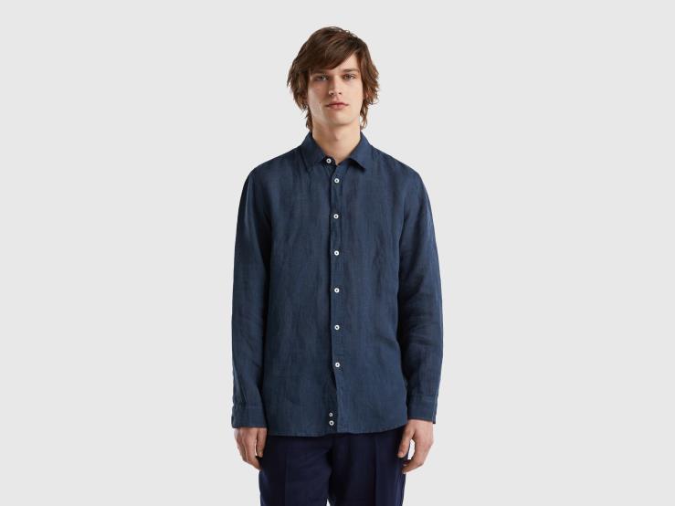 Shirt In Pure Linen B4BF1371 Benetton Men Dark Blue