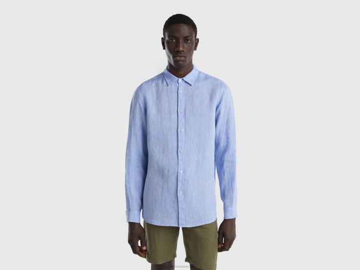 Shirt In Pure Linen B4BF4557 Benetton Men Light Blue