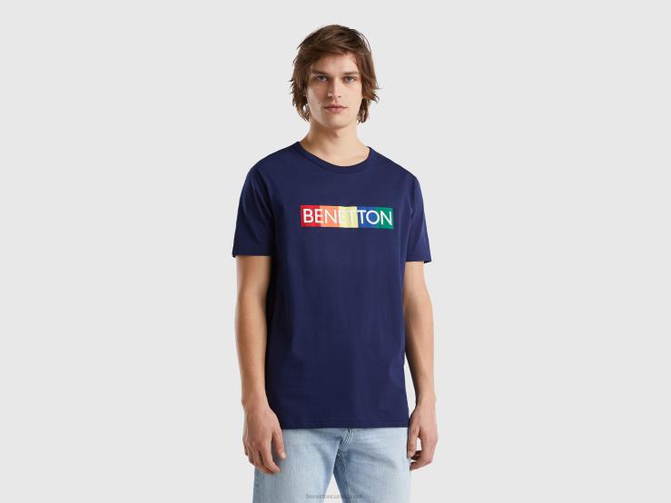 T-Shirt In Organic Cotton With Logo Print B4BF4482 Benetton Men Blue