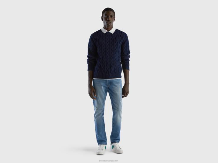 Cable Knit Sweater B4BF1111 Benetton Men Dark Blue