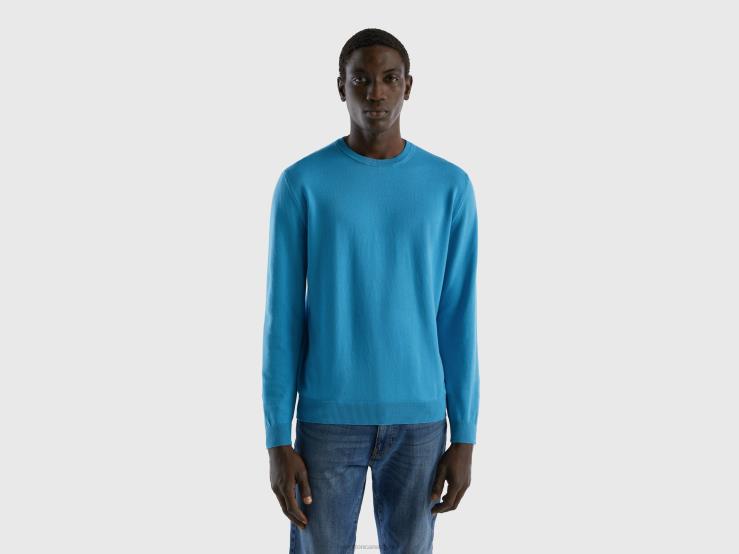 Crew Neck Sweater In 100% Cotton B4BF4369 Benetton Men Turquoise