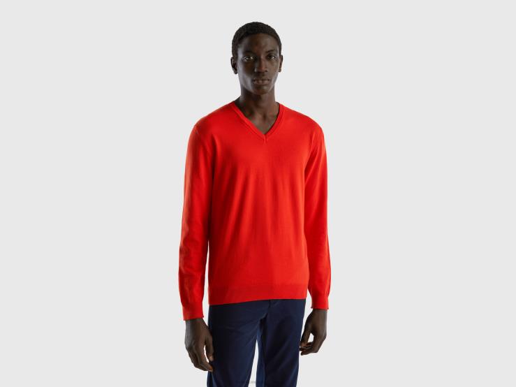 V-Neck Sweater In Pure Cotton B4BF4378 Benetton Men Red