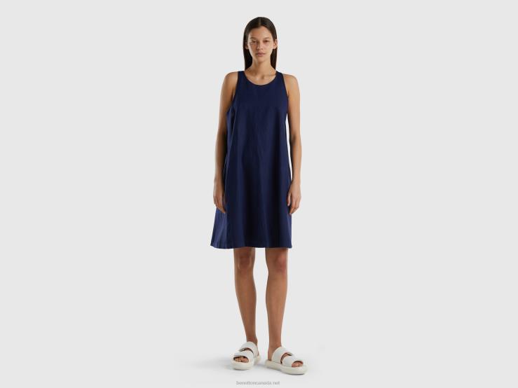 Sleeveless Dress In Pure Linen B4BF4024 Benetton Women Dark Blue