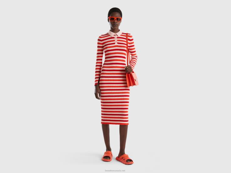 Striped Midi Dress B4BF536 Benetton Women Red