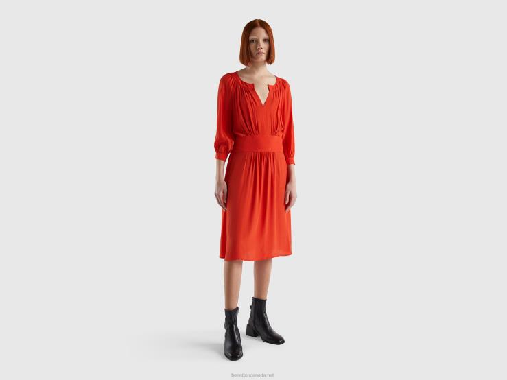 V-Neck Dress In Pure Viscose B4BF4008 Benetton Women Red