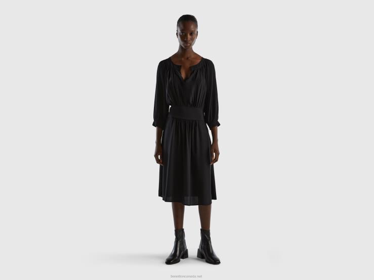 V-Neck Dress In Pure Viscose B4BF557 Benetton Women Black