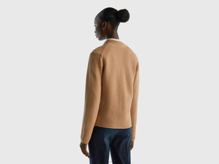 100% Cotton Knit Jacket B4BF216 Benetton Women Camel