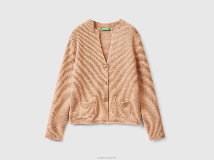 100% Cotton Knit Jacket B4BF216 Benetton Women Camel
