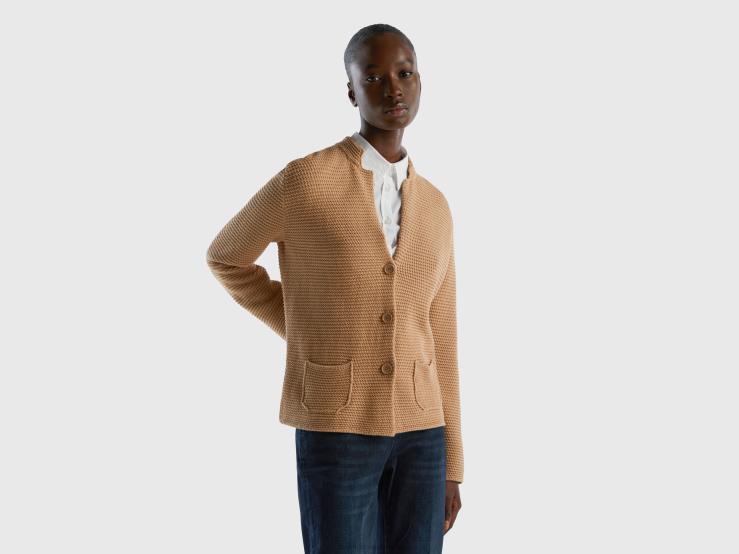 100% Cotton Knit Jacket B4BF3658 Benetton Women Camel