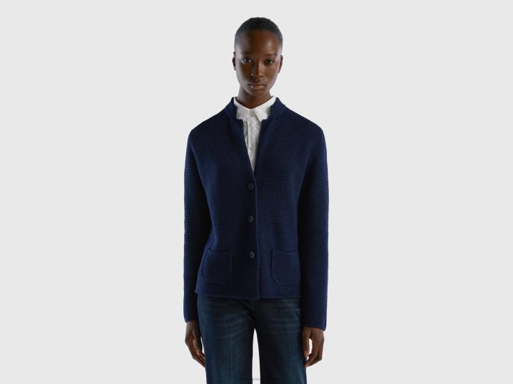 100% Cotton Knit Jacket B4BF3671 Benetton Women Dark Blue