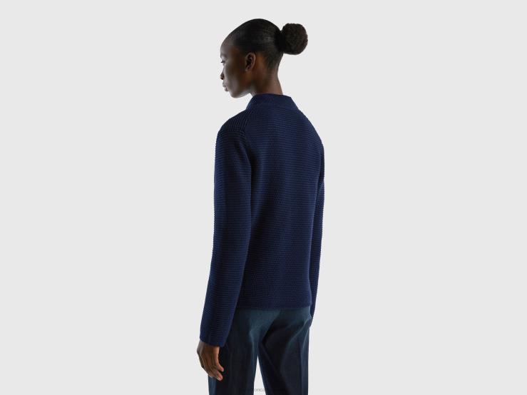 100% Cotton Knit Jacket B4BF3671 Benetton Women Dark Blue