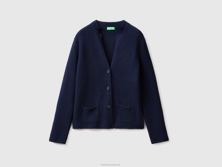 100% Cotton Knit Jacket B4BF3671 Benetton Women Dark Blue