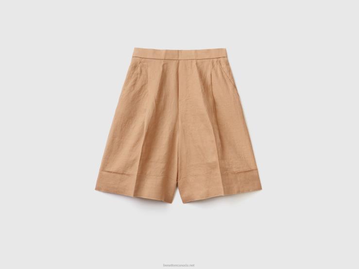 100% Linen Bermudas With Cuffs B4BF577 Benetton Women Camel