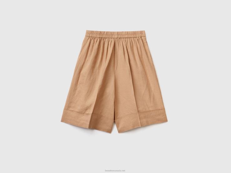 100% Linen Bermudas With Cuffs B4BF577 Benetton Women Camel