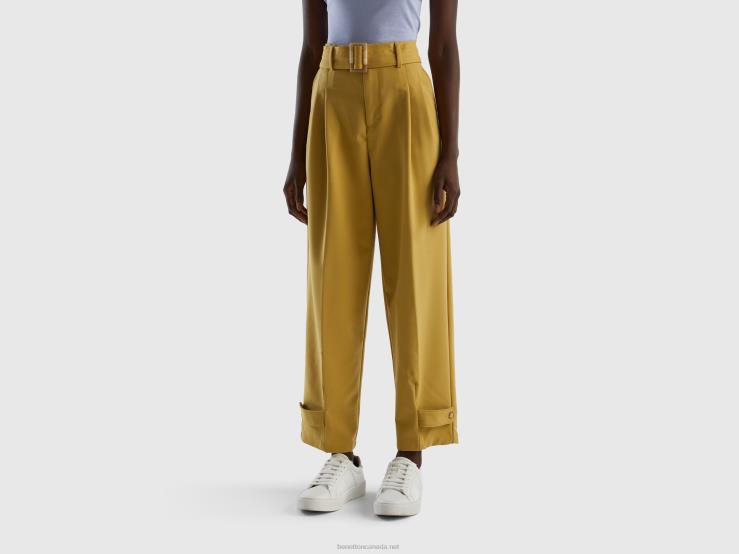 High-Waisted Trousers With Belt B4BF593 Benetton Women Mustard
