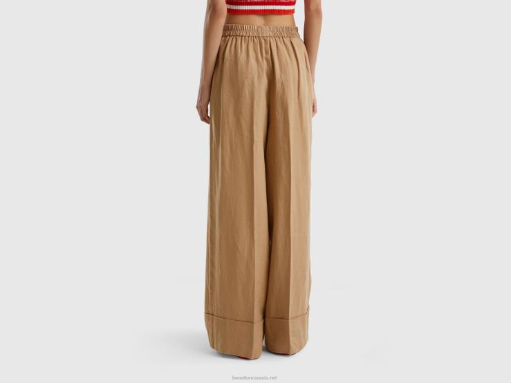Palazzo Trousers In 100% Linen B4BF4049 Benetton Women Camel