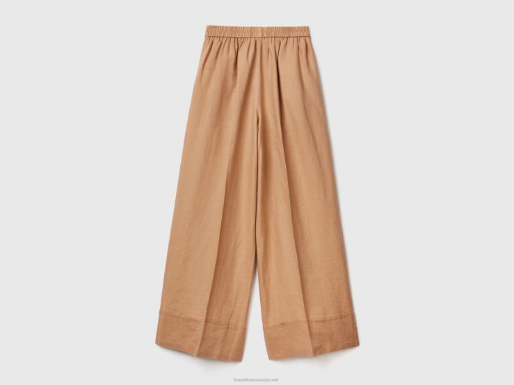 Palazzo Trousers In 100% Linen B4BF4049 Benetton Women Camel
