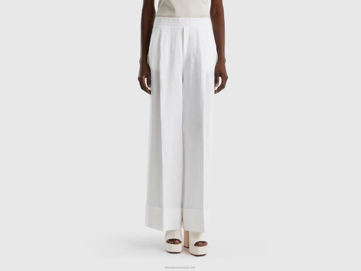 Palazzo Trousers In 100% Linen B4BF4111 Benetton Women White