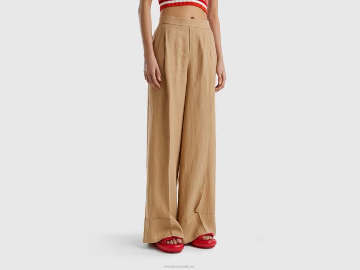 Palazzo Trousers In 100% Linen B4BF594 Benetton Women Camel