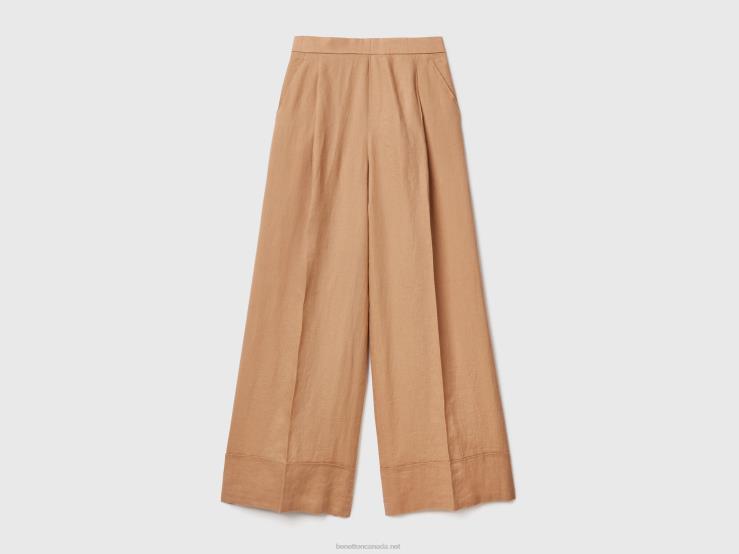 Palazzo Trousers In 100% Linen B4BF594 Benetton Women Camel