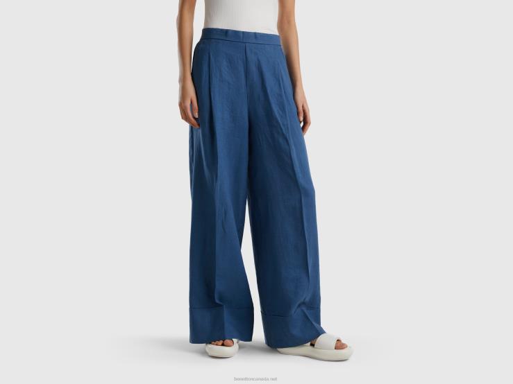 Palazzo Trousers In 100% Linen B4BF636 Benetton Women Blue