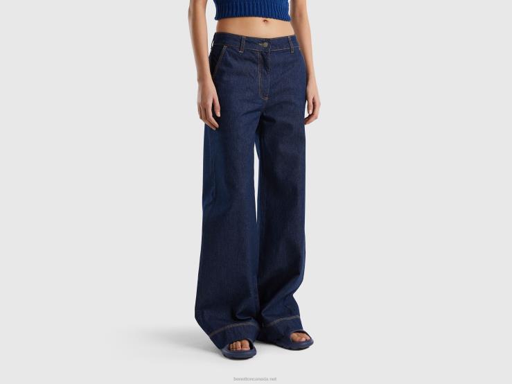 Wide Leg Jeans Trousers B4BF4094 Benetton Women Dark Blue
