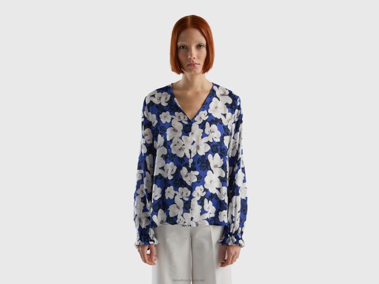 Flowy Flowery Blouse B4BF477 Benetton Women Air Force Blue