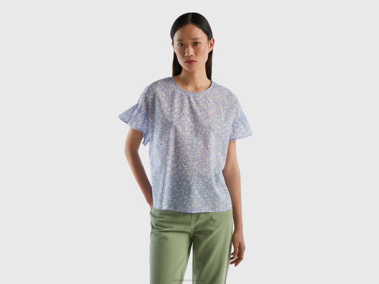 Patterned Blouse In Pure Cotton B4BF3962 Benetton Women Light Blue
