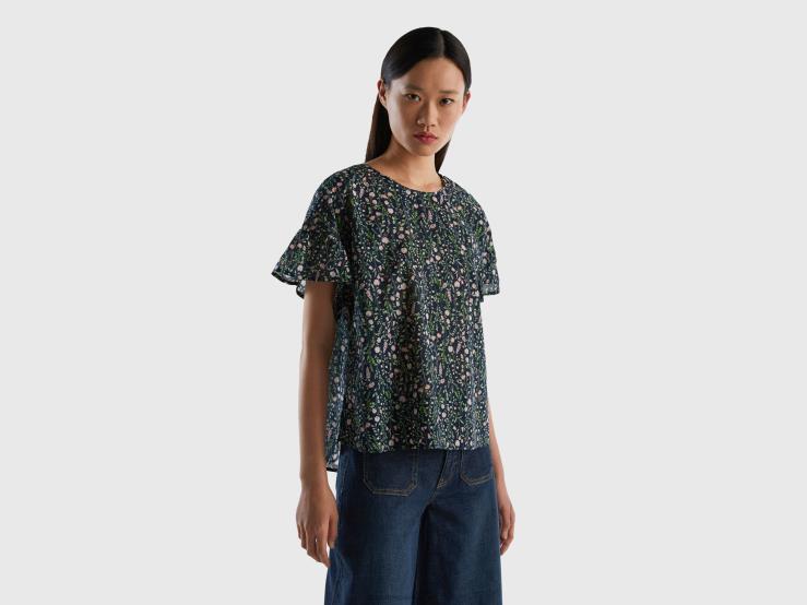 Patterned Blouse In Pure Cotton B4BF3999 Benetton Women Dark Blue
