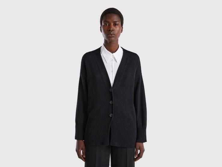 Black Cardigan In Tricot Cotton B4BF74 Benetton Women Black